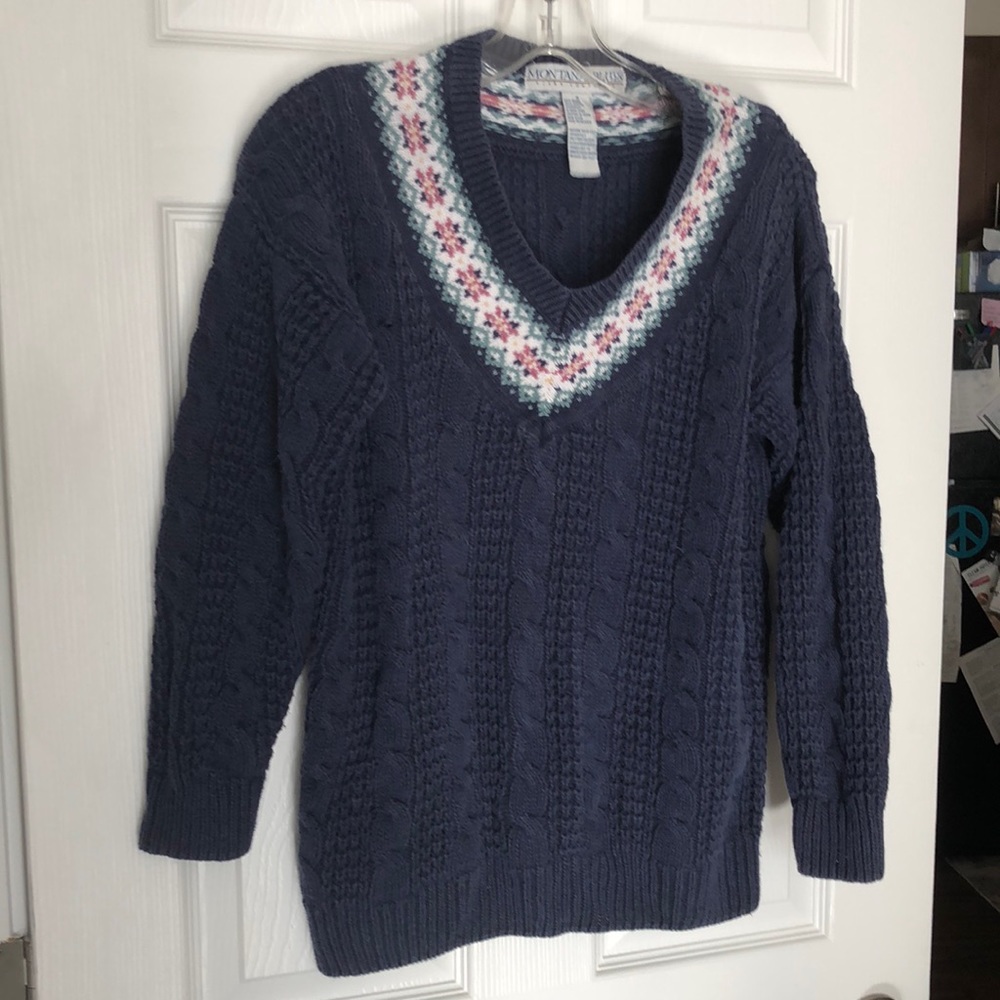 Montana Blues V Neck Blue & Patterned Knit Sweater